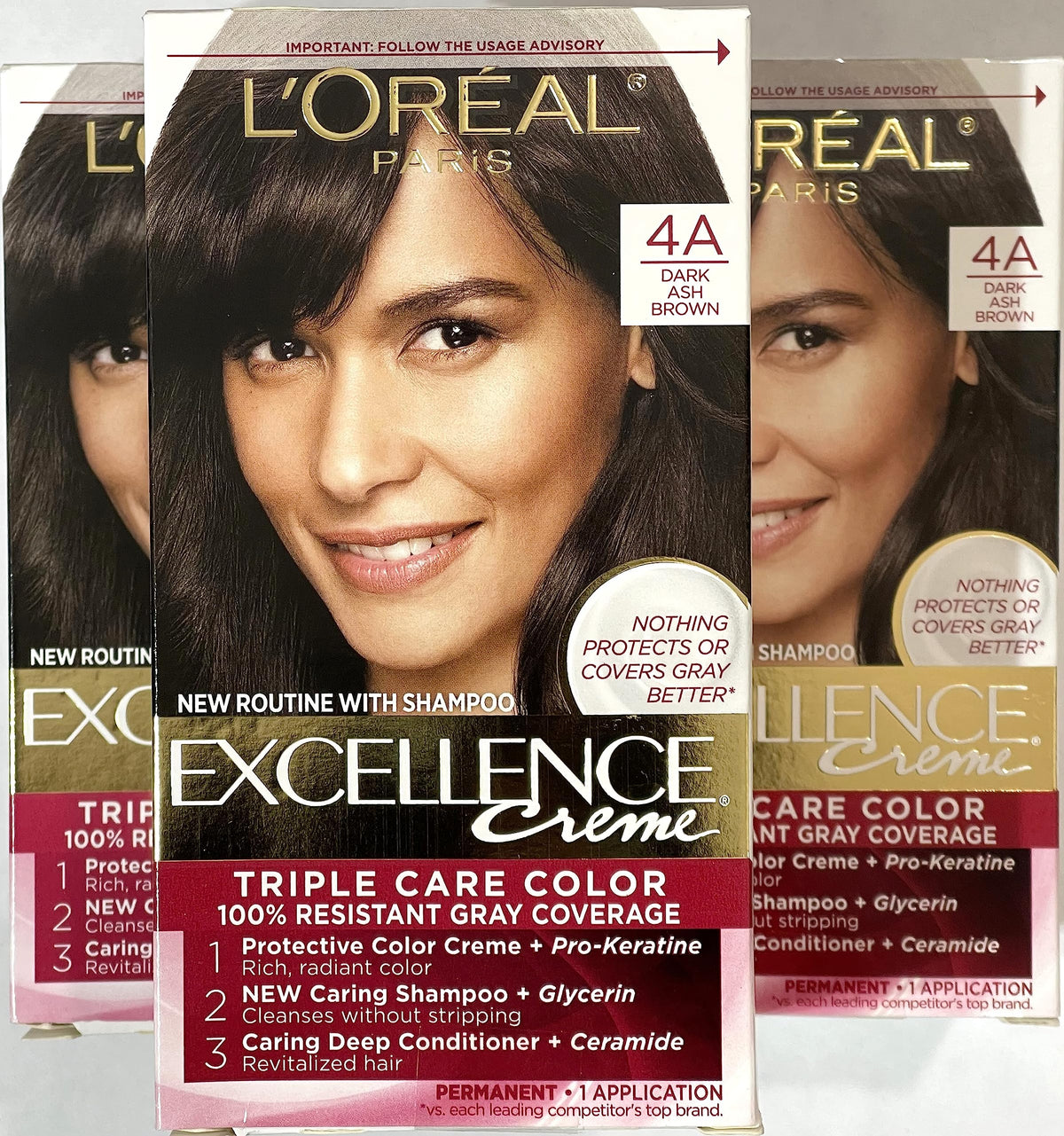 L'Oreal Paris Excellence Créme Permanent Hair Color, 4A Dark Ash Brown, Pack of 3