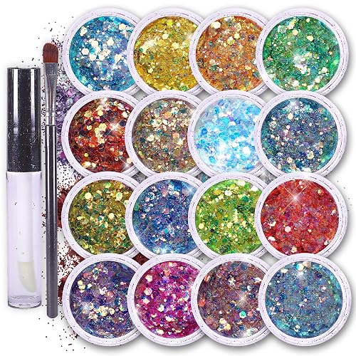 Body Glitter Set for Face & Hair - 16 Colors Fairy Tears Chunky Holographic Festival Glitter Makeup with Glue - Rave, Concert, Euphoria Looks Beauty & Personal Care SoJourner Bags