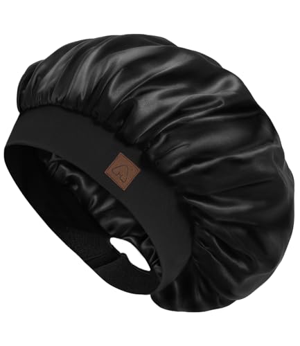 Hat Hut Satin Bonnet Silk Bonnet Sleep Cap for Women Hair Bonnet for Curly Natural Hair Sleeping Adjustable Wide Band Double Layer (Black) Beauty & Personal Care Hat Hut