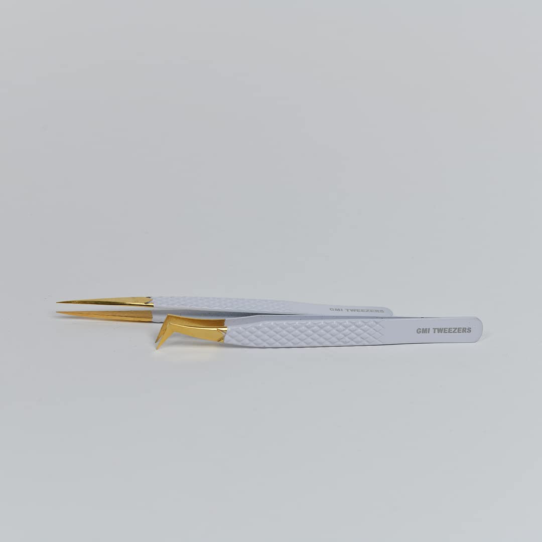 2pcs White Straight and L-Shaped (Boot) Gold Pointed Eyelash Tweezers for Lash Extension - Stainless Steel Precision Tweezers for Volume and Classic Beauty & Personal Care GMI TWEEZERS