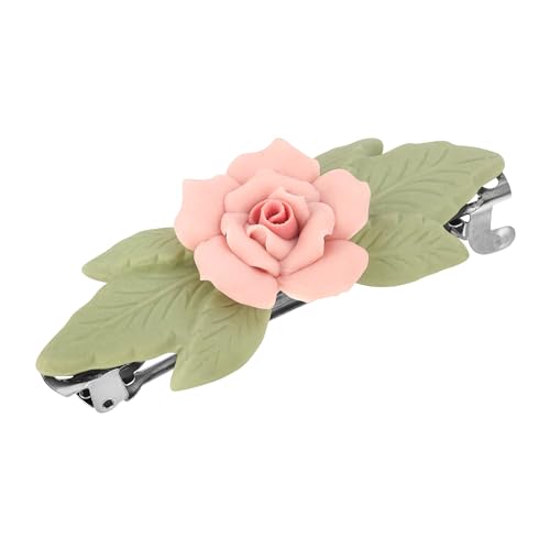 1928 Jewelry Genuine Porcelain Rose And Green Leaf French 2.68 Inch Hair Barrette Clip For Women, (1 Pcs), Handmade Flowers, Botanical Inspired Floral