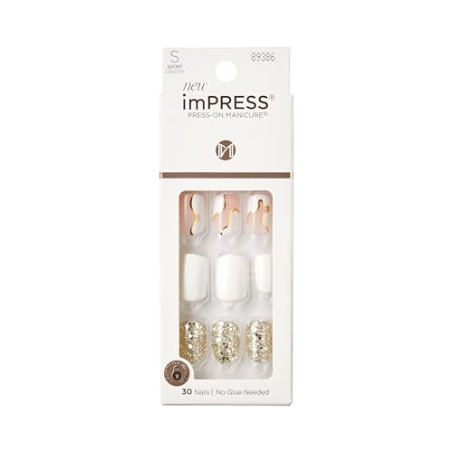 Kiss Impress Press-On Manicure Fake Nails - Astound, Short, Square, White, Easy Press On, Chip Proof, Smudge Proof, Waterproof, No Dry Time