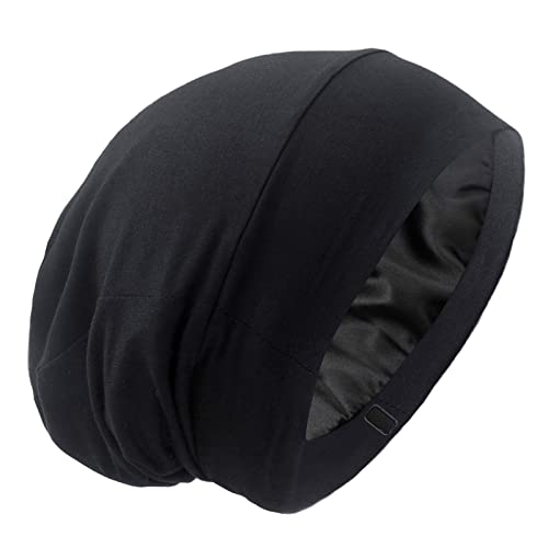 Silk Satin Lined Bonnet Sleep Cap - Adjustable Stay on All Night Hair Wrap Cover Slouchy Beanie for Curly Protection Women and Men Solid Black Beauty and Personal Care GB Selected