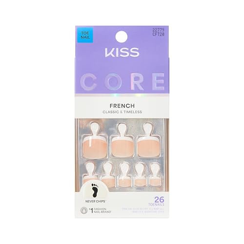Kiss Core, Press On Nails, Nail glue included, 'Two of a Kind', White, Short Size, Squoval Shape, Includes 26 Toenails, 2g Glue, 1 Manicure Stick, 1