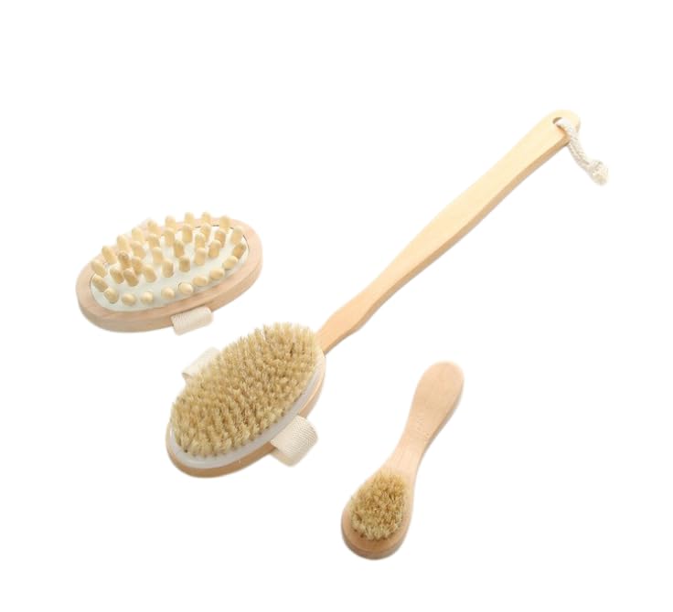 Dry Brushing Body Brush Set with Long Handle, 3-in-1 Detachable Shower Brush for Back, Acupressure Massage Brush & Face Brush, Natural Boar Bristle Beauty and Personal Care Eatbuy