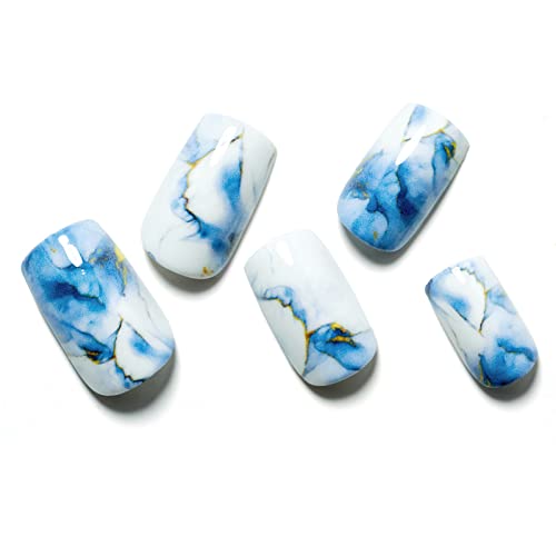 Marble Press on Nails Short Square GLAMERMAID, Blue Gold Acrylic Fake Nails with Design Luxury Stick Glue on Nails Reusable Glossy False Nail Sets Beauty & Personal Care GLAMERMAID