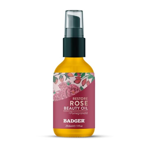 Badger Rose Face Oil, 100% Organic Face Moisturizer, Nourishing & Soothing Organic Jojoba Oil & Rose Oil, Vegan Antioxidant Rich Moisturizing Facial Beauty & Personal Care Badger