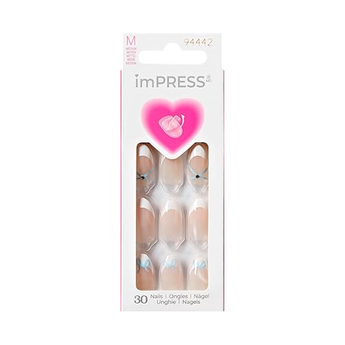 Kiss Impress Valentine’s Day Press On Nails Almond, ‘Hearty’, White, Medium Length, No Glue Needed, Up to 10-Day Superior Hold, Includes 30 Fake