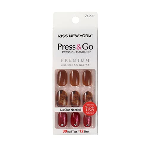 Kiss New York Press and Go False Nails Press On Nails Full Cover Nails Tips with Self Adhesive Tabs (Red Marble) Beauty & Personal Care KISS NEW YORK