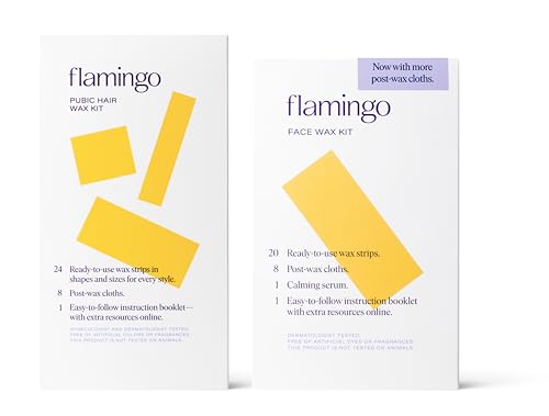 Flamingo Face & Pubic Wax Kit - 44 Wax Strips, 16 Post-Wax Cloths, and Calming Serum - Easy At-Home Hair Removal Beauty and Personal Care Flamingo