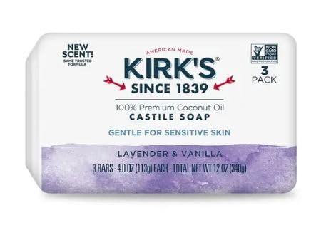 Kirk's 100% Premium Coconut Oil Castile Bar Soap, Lavender & Vanilla, 3 Bars, 4 oz (113 g) Each Beauty & Personal Care Kirk's