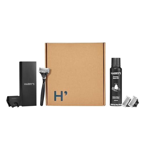Harry's Original Shave Gift Set for Men - Black Metallic Handle + 3 Razor Blade Cartridges + Travel Blade Cover + 1 Foaming Shave Gel - German Beauty and Personal Care Harry's