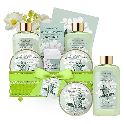 Bath Gift Baskets for Women, 9pc Jasmine Spa Gifts Set for Women, Self Care & Body Relaxing, Birthday Gift Basket, Mother's Day Gifts, Christmas Beauty and Personal Care PEARLWORLD