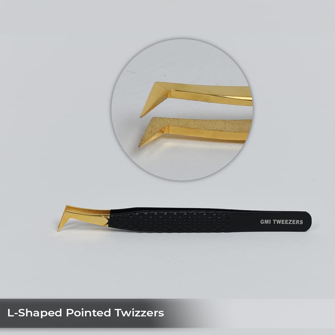 2pcs Black Straight and L-Shaped (Boot) Gold Pointed Eyelash Tweezers for Lash Extension - Stainless Steel Precision Tweezers for Volume and Classic Beauty & Personal Care GMI TWEEZERS
