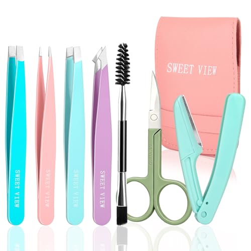 SWEET VIEW 7pcs Eyebrow Tweezers Kit for Women Precision Plucker with Brow Scissors & Razor & Spoolie for Facial, Chin, Brow, Splinter and Ingrown Beauty and Personal Care SWEET VIEW
