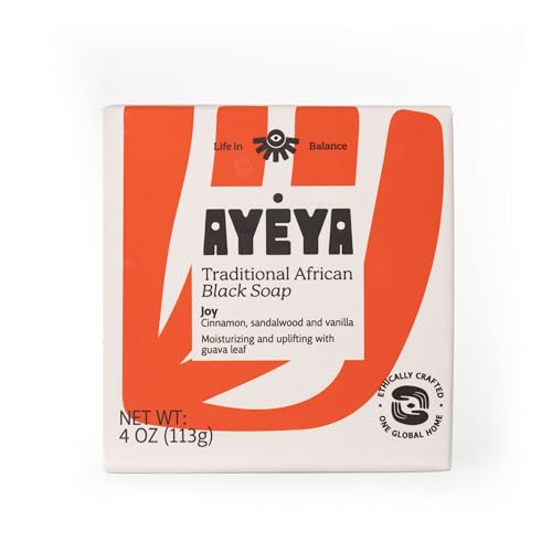 AYÉYA African Black Soap Bar, Cinnamon, Sandalwood & Vanilla (Joy) - Exfoliating Bar Soap for Dry, Combination, Sensitive, Acne-Prone Skin, 4 Oz Beauty & Personal Care Ayeya