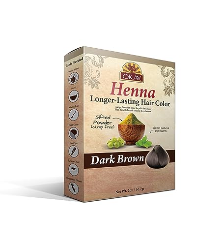 OKAY Henna Longer Lasting Hair Color Dark Brown, Rich Vibrant Color, Gray Coverage, Nourishing Botanical Hair Dye, Soft & Shiny Finish, For All Hair
