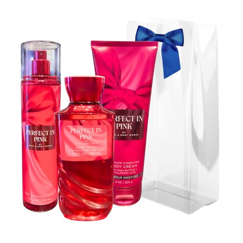 Bath & Body Works PERFECT IN PINK Body Wash, Fine Fragrance Mist & Ultimate Hydration Body Cream 3-piece Gift Set with a Blue Bow for Holidays - Full Beauty and Personal Care Bath & Body Works
