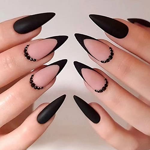 IMSOHOT Medium Press on Nails Almond Matte Black Fake Nails French Tips Acrylic False Nails with Rhinestone Designs Beauty & Personal Care IMSOHOT