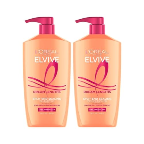 L'Oreal Paris Elvive Dream Lengths Shampoo and Conditioner Set, Seals Split Ends, Hydrating & Strengthening Hair Repair, Fine Castor Oil and Vitamins