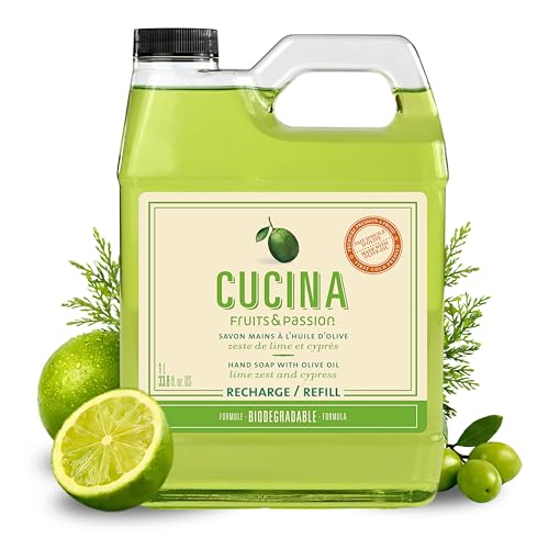 Cucina Fruits & Passion Hand Soap Refill, Lime Zest & Cypress, 1 L (33.8 fl oz), Liquid Hand Soap with Moisturizing Olive Oil, Biodegradable, Vegan Beauty & Personal Care Fruits and Passion