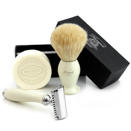 Classic Gentleman Shaving Set > Pure Grade White Badger Hair Shaving Brush & Classic DE Safety Razor & Shaving Soap Beauty and Personal Care Haryali London