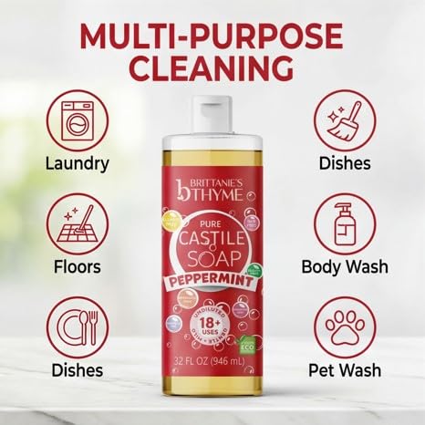 Brittanie's Thyme Pure Castile Liquid Soap Refill (Peppermint, 32 oz Pack of 2) | For Hair & Body, Gentle and Pure, Made with Natural Luxurious Oils Beauty & Personal Care Brittanie's Thyme