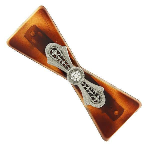 1928 Jewelry Brown Tortoise With Filigree And Crystal Accent Bow 4 Inch Hair Barrette Clip For Women, (1 Pcs)