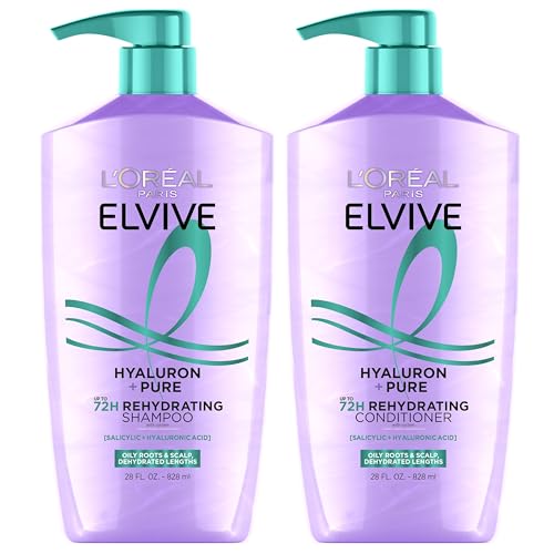 L'Oreal Paris Elvive Hyaluron + Pure Shampoo and Conditioner Set, Clarifying Shampoo and Rehydrating Conditioner with Salicylic Acid and Hyaluronic