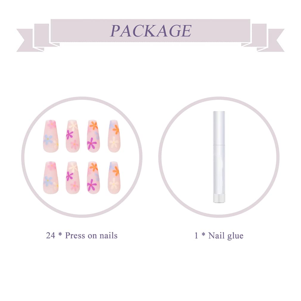 BABALAL Matte Press on Nails Long Coffin Fake Nails Pink Glue on Cute Acrylic False Nails with Flower Design for Women and Girls Beauty & Personal Care BABALAL