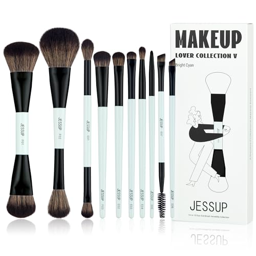 Jessup Makeup Brushes Set 10pcs, Double Sided Foundation Contour Blush Highlight Blending Eyebrow Brush Eyeshadow Eyeliner Concealer Brush, Bright Beauty and Personal Care Jessup Default Title