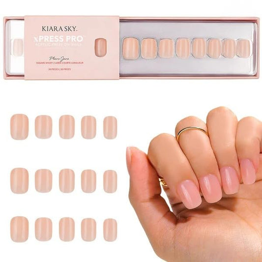 Kiara Sky Press On Nails | XPRESS PRO 100% Acrylic Nails | 30-Piece Kit Includes Nail Glue, Cuticle Pusher, File & Prep Pad | Square Short - Plane