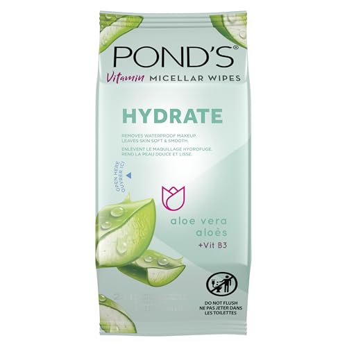 POND’S Micellar Makeup Remover Wipes, Removes Waterproof Mascara, with Aloe Vera & Vitamin B3, Alcohol-Free Facial Cleansing Wipes for Dry Skin, 25 Beauty & Personal Care POND'S