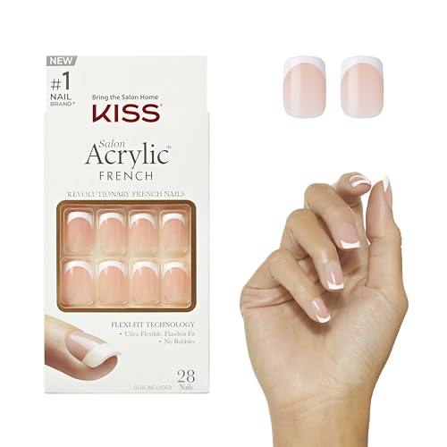 KISS Salon Acrylic Press On Nails, Nail glue included, 'Bonjour', Nude/ White, Short Size, Squoval Shape, Includes 28 Nails, 2g Glue, 1 Manicure Beauty & Personal Care kiss new york