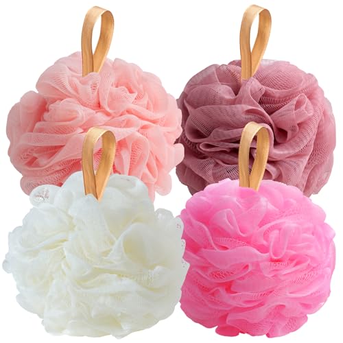 Fishent Loofah Bath Sponge Shower Loofahs, Pack of 4 Pink Soft Loofa Exfoliating Body Scrubber Mesh Shower Puff Pouf Ball Luffa for Women(50g/pcs) Beauty and Personal Care Fishent