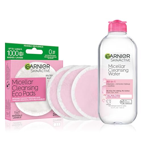 Garnier Micellar Water and Eco Pad Starter Kit, All-In-1 Facial Cleanser & Makeup Remover and 3 Piece Reusable Makeup Remover Pads Set
