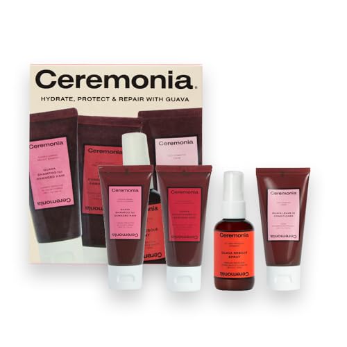 Ceremonia Guava Travel On-the-Go Kit | 4 Piece Hair Care Set to Repair Split Ends & Reduce Frizz | Includes Shampoo, Conditioner, Leave-In Beauty & Personal Care Ceremonia