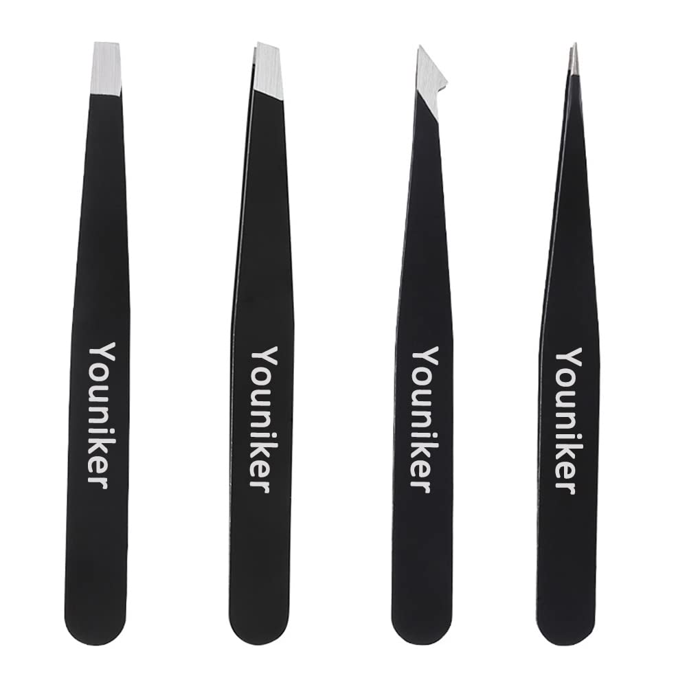 Youniker Tweezers Set, 4 Piece Professional Stainless Steel Tweezers for Women & Men Great Precision Tweezer for Eyebrows Hair Removal Beauty and Personal Care Youniker