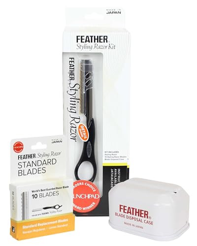 Feather - Detail Razor Standard Kit - Ergonomic 6 1/4 inch Black Razor Handle 10 Guarded Replacement Blades & Metal Disposable Case - Hair Cutting Beauty and Personal Care Feather