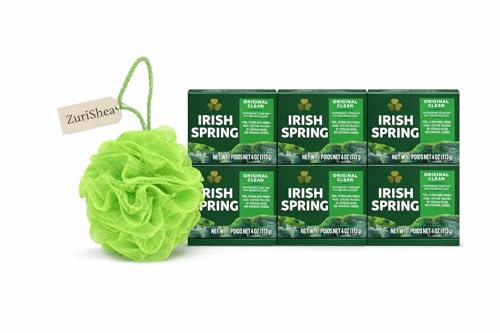 Irish Spring Bar Soap Bundle with ZuriShea Mesh Bath Sponge - Includes 6-Pack Irish Spring Bar Soap (4oz) & Exfoliating Bath Sponge. Beauty and Personal Care ZuriShea.