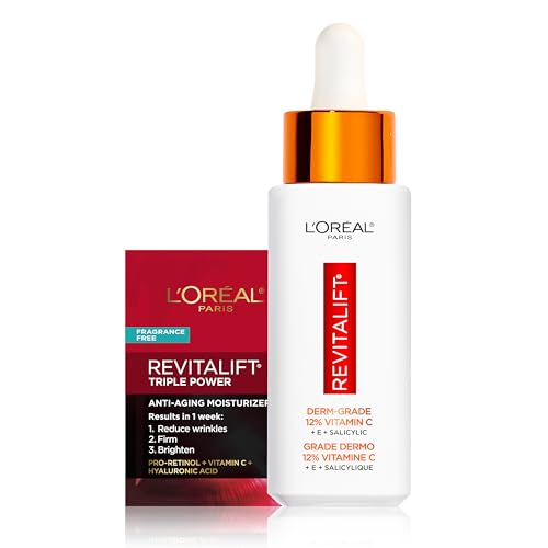 L'Oreal Paris Revitalift 12% Pure Vitamin C Serum, Brightening Serum For Face with Vitamin E, Salicylic Acid, 1 oz + Moisturizer Sample