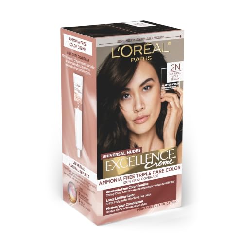 L’Oreal Paris Excellence Universal Nudes Permanent Hair Color, Ammonia Free Hair Dye for Gray Hair Coverage, 2N Natural Soft Black, 1 Hair Dye Kit