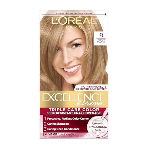 L'Oreal Paris Excellence Crème Permanent Hair Dye, Triple Care Hair Color with Pro-Keratine Complex for 100% Gray Hair Coverage, 8 Medium Blonde, 1 Beauty & Personal Care L'Oreal Paris