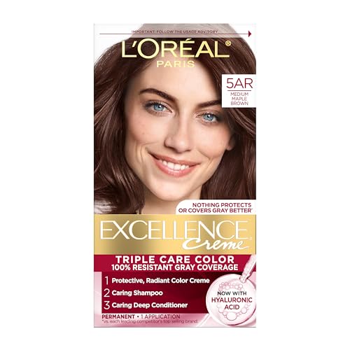 L'Oreal Paris Excellence Crème Permanent Hair Dye, Triple Care Hair Color with Hyaluronic Acid for 100% Gray Coverage, 5AR Medium Maple Brown, 1 Kit Beauty & Personal Care L'Oreal Paris