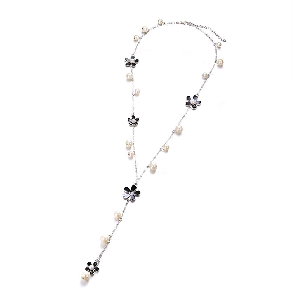 DoubleNine Camellia Long Chain Necklace Beads Silver Crysyal Pendant Drop Charm Necklace for Women Bride Wedding Evening Party Beauty & Personal Care Doubnine