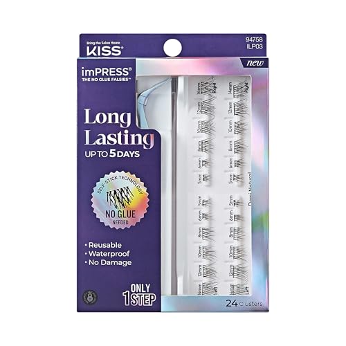 KISS imPRESS Falsies Long Lasting Self Adhesive Eyelashes, ‘Demi Natural’, 5 Day Extended Wear, 24 Natural Volume Lash Clusters (5,6,8,10,12, & 14mm)