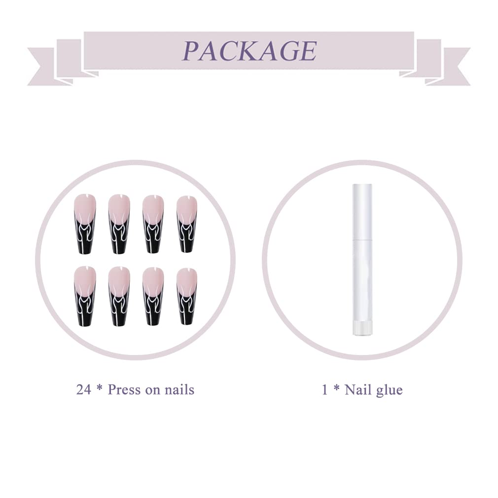 BABALAL Long Press on Nails Coffin Fake Nails Black French Tip Glue on Nails Glossy Acrylic Nails Gothic Falme Design Ballerina False Nails for Women Beauty & Personal Care BABALAL