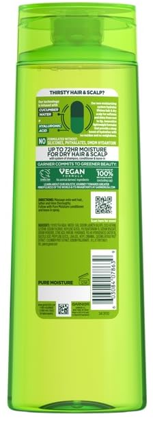 Garnier Fructis Pure Moisture Hydrating Shampoo Hyaluronic Acid + Cucumber Water, 12.5 FL.OZ (370ml) - Pack of 2, Green