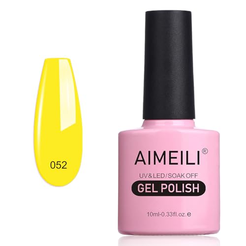AIMEILI Soak Off U V LED Hema Free Neon Yellow Gel Nail Polish Cruelty Free Vegan Gel Polish - Neon Canary Translucent Yellow (052) 10ml Beauty & Personal Care AIMEILI