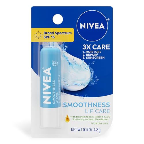NIVEA Smoothness Lip Care, Sunscreen Lip Balm with SPF 15 Broad Spectrum, Shea Butter, Nourishing Oils and Vitamin C & E, 3-in-1 Moisture, Repair (for Beauty and Personal Care NIVEA